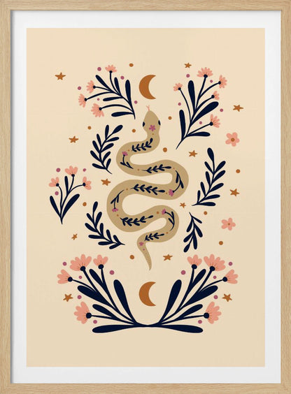 A bohemian-style illustration of a winding tan snake decorated with small flowers, set against a cream background. The snake is surrounded by dark blue foliage, pink blossoms, small gold stars, and two crescent moons, creating a symmetrical and mystical design. Poster