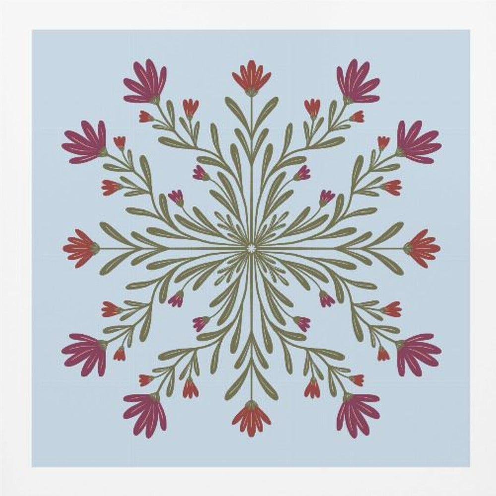 A framed art print with a symmetrical floral mandala on a light blue background. Olive green stems and leaves radiate from the center, blooming with magenta and red flowers. The artwork is enclosed in a light wood frame. Wall Art