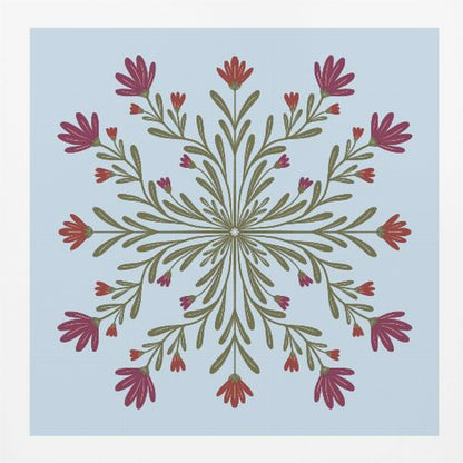 A framed art print with a symmetrical floral mandala on a light blue background. Olive green stems and leaves radiate from the center, blooming with magenta and red flowers. The artwork is enclosed in a light wood frame. Wall Art