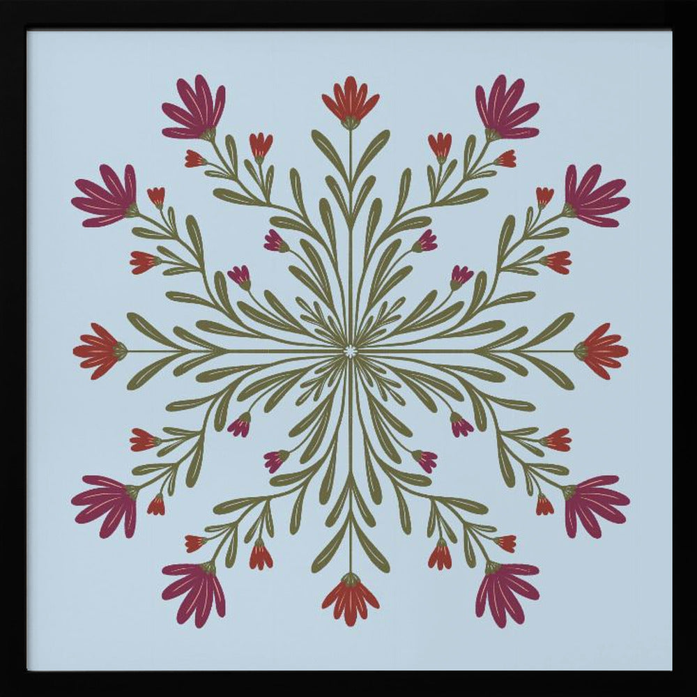 A framed art print with a symmetrical floral mandala on a light blue background. Olive green stems and leaves radiate from the center, blooming with magenta and red flowers. The artwork is enclosed in a light wood frame. Wall Art
