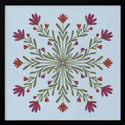 A framed art print with a symmetrical floral mandala on a light blue background. Olive green stems and leaves radiate from the center, blooming with magenta and red flowers. The artwork is enclosed in a light wood frame. Wall Art