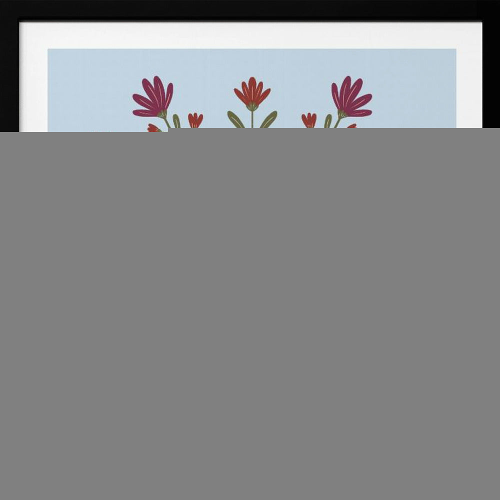 A framed art print with a symmetrical floral mandala on a light blue background. Olive green stems and leaves radiate from the center, blooming with magenta and red flowers. The artwork is enclosed in a light wood frame. Wall Art