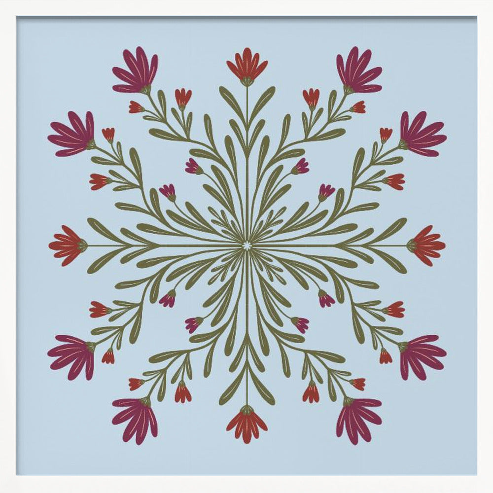 A framed art print with a symmetrical floral mandala on a light blue background. Olive green stems and leaves radiate from the center, blooming with magenta and red flowers. The artwork is enclosed in a light wood frame. Wall Art