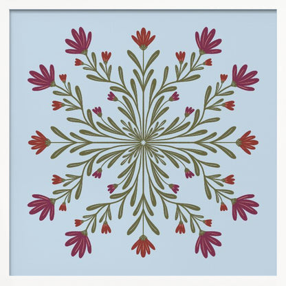 A framed art print with a symmetrical floral mandala on a light blue background. Olive green stems and leaves radiate from the center, blooming with magenta and red flowers. The artwork is enclosed in a light wood frame. Wall Art