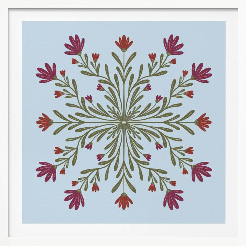 A framed art print with a symmetrical floral mandala on a light blue background. Olive green stems and leaves radiate from the center, blooming with magenta and red flowers. The artwork is enclosed in a light wood frame. Wall Art