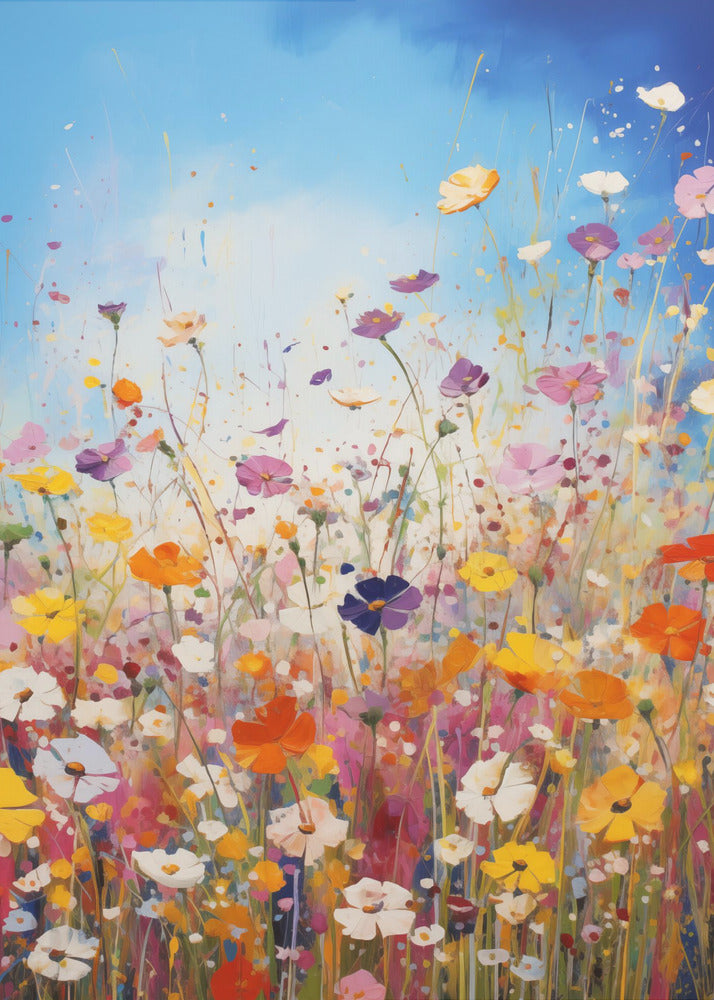 An impressionistic painting of a vibrant wildflower meadow under a bright blue sky, featuring a riot of colors including pink, orange, yellow, and purple, with paint splatters adding to the dynamic composition. The artwork is presented in a black frame. Poster