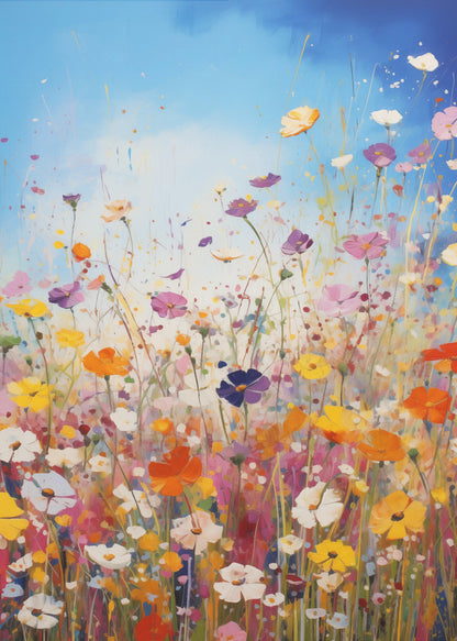 An impressionistic painting of a vibrant wildflower meadow under a bright blue sky, featuring a riot of colors including pink, orange, yellow, and purple, with paint splatters adding to the dynamic composition. The artwork is presented in a black frame. Poster