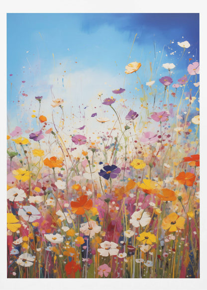 An impressionistic painting of a vibrant wildflower meadow under a bright blue sky, featuring a riot of colors including pink, orange, yellow, and purple, with paint splatters adding to the dynamic composition. The artwork is presented in a black frame. Poster