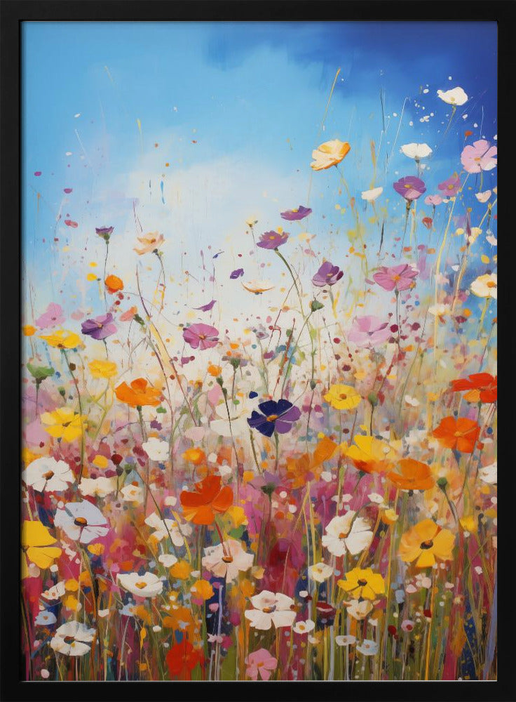An impressionistic painting of a vibrant wildflower meadow under a bright blue sky, featuring a riot of colors including pink, orange, yellow, and purple, with paint splatters adding to the dynamic composition. The artwork is presented in a black frame. Poster