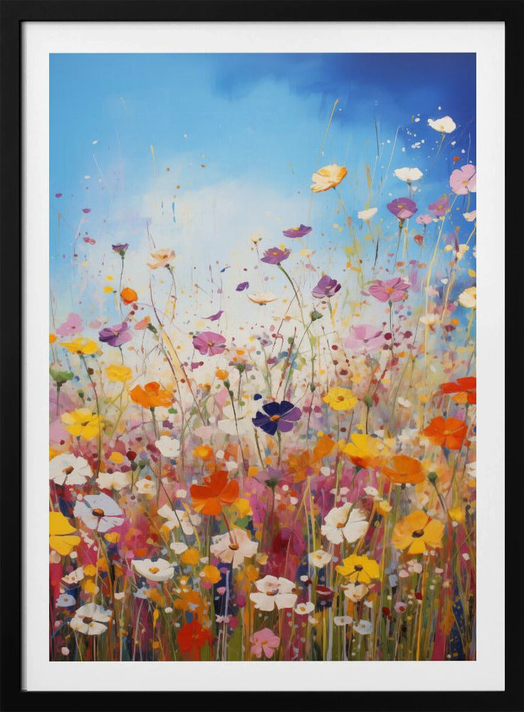 An impressionistic painting of a vibrant wildflower meadow under a bright blue sky, featuring a riot of colors including pink, orange, yellow, and purple, with paint splatters adding to the dynamic composition. The artwork is presented in a black frame. Poster