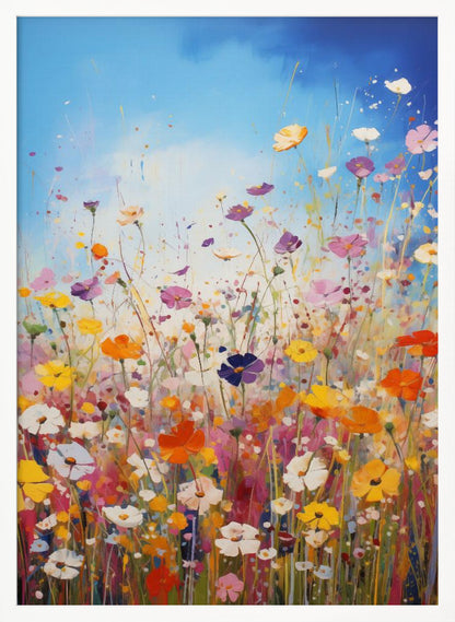 An impressionistic painting of a vibrant wildflower meadow under a bright blue sky, featuring a riot of colors including pink, orange, yellow, and purple, with paint splatters adding to the dynamic composition. The artwork is presented in a black frame. Poster