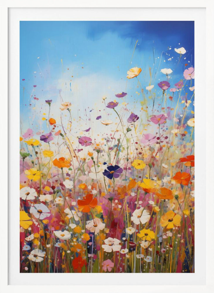 An impressionistic painting of a vibrant wildflower meadow under a bright blue sky, featuring a riot of colors including pink, orange, yellow, and purple, with paint splatters adding to the dynamic composition. The artwork is presented in a black frame. Poster