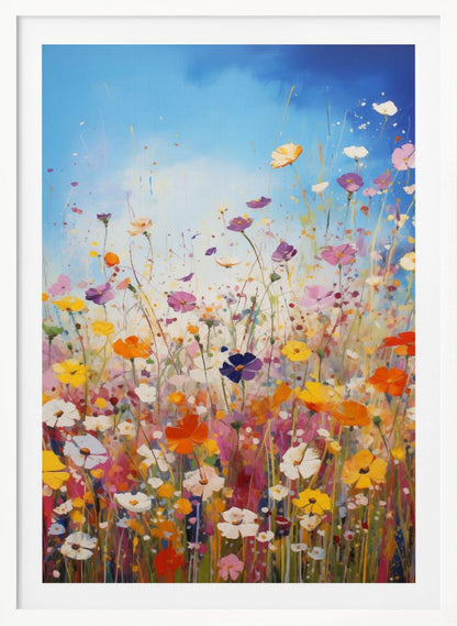 An impressionistic painting of a vibrant wildflower meadow under a bright blue sky, featuring a riot of colors including pink, orange, yellow, and purple, with paint splatters adding to the dynamic composition. The artwork is presented in a black frame. Poster