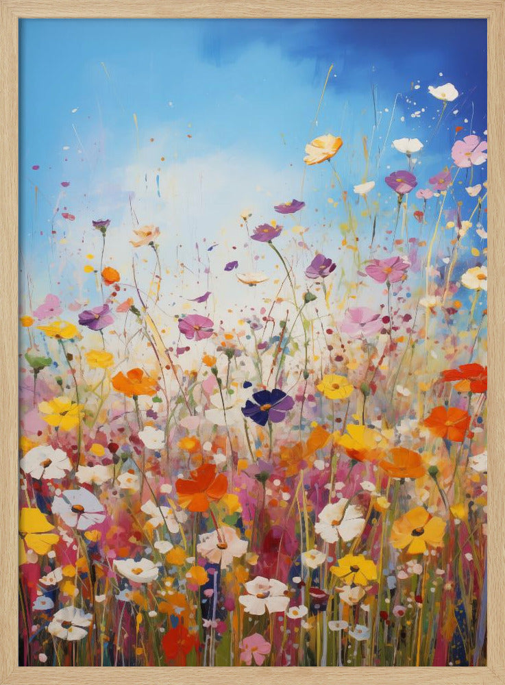 An impressionistic painting of a vibrant wildflower meadow under a bright blue sky, featuring a riot of colors including pink, orange, yellow, and purple, with paint splatters adding to the dynamic composition. The artwork is presented in a black frame. Poster