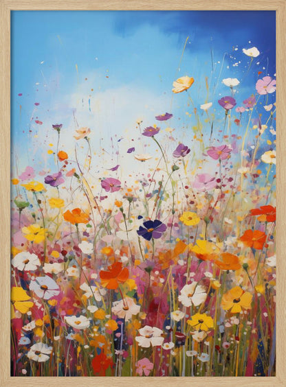 An impressionistic painting of a vibrant wildflower meadow under a bright blue sky, featuring a riot of colors including pink, orange, yellow, and purple, with paint splatters adding to the dynamic composition. The artwork is presented in a black frame. Poster