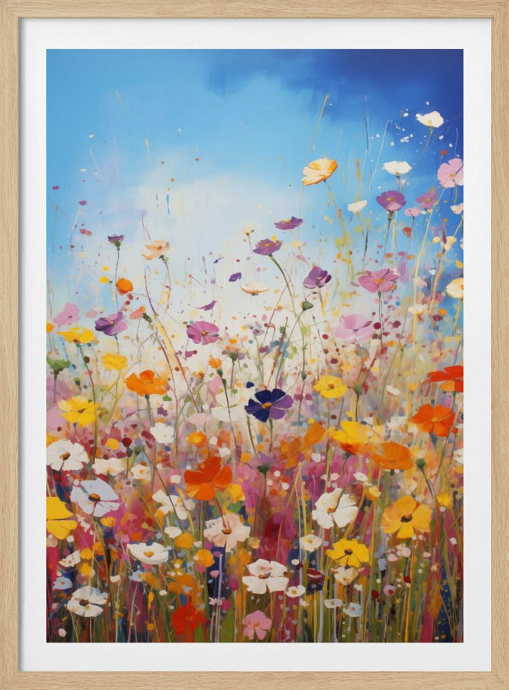 An impressionistic painting of a vibrant wildflower meadow under a bright blue sky, featuring a riot of colors including pink, orange, yellow, and purple, with paint splatters adding to the dynamic composition. The artwork is presented in a black frame. Poster