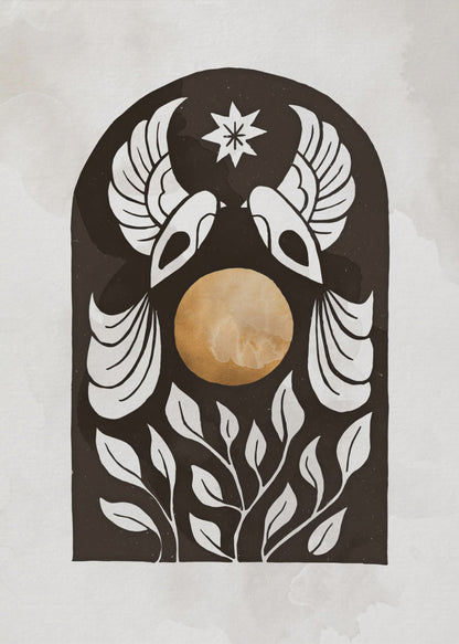 A modern illustration in a black frame featuring a symmetrical design within a black arch. Two stylized white birds face each other over a golden orb, with a white star above them and white foliage below, all on a light, textured background. Print