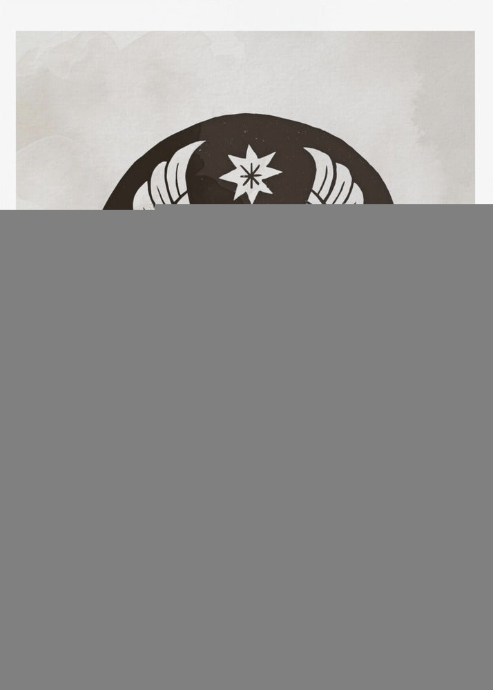 A modern illustration in a black frame featuring a symmetrical design within a black arch. Two stylized white birds face each other over a golden orb, with a white star above them and white foliage below, all on a light, textured background. Print