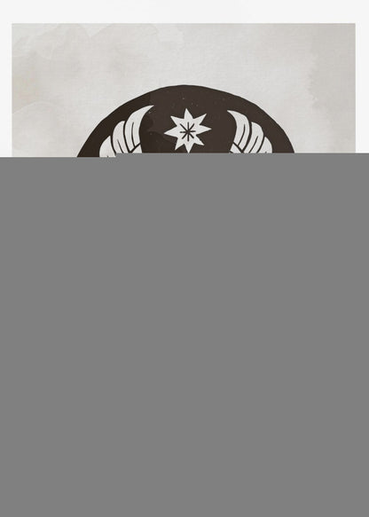 A modern illustration in a black frame featuring a symmetrical design within a black arch. Two stylized white birds face each other over a golden orb, with a white star above them and white foliage below, all on a light, textured background. Print