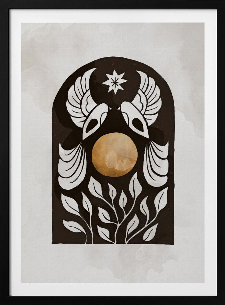 A modern illustration in a black frame featuring a symmetrical design within a black arch. Two stylized white birds face each other over a golden orb, with a white star above them and white foliage below, all on a light, textured background. Print