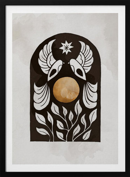 A modern illustration in a black frame featuring a symmetrical design within a black arch. Two stylized white birds face each other over a golden orb, with a white star above them and white foliage below, all on a light, textured background. Print