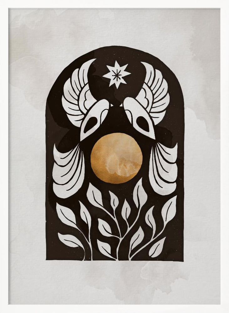 A modern illustration in a black frame featuring a symmetrical design within a black arch. Two stylized white birds face each other over a golden orb, with a white star above them and white foliage below, all on a light, textured background. Print