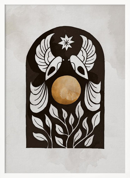 A modern illustration in a black frame featuring a symmetrical design within a black arch. Two stylized white birds face each other over a golden orb, with a white star above them and white foliage below, all on a light, textured background. Print