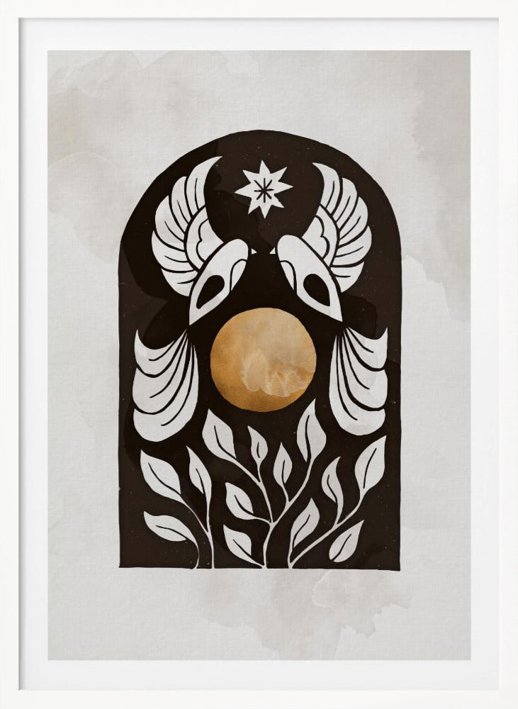 A modern illustration in a black frame featuring a symmetrical design within a black arch. Two stylized white birds face each other over a golden orb, with a white star above them and white foliage below, all on a light, textured background. Print