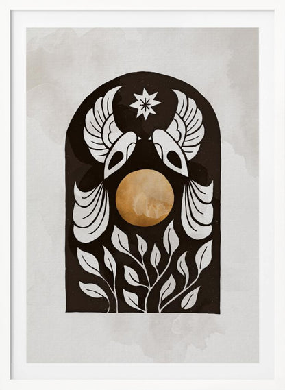 A modern illustration in a black frame featuring a symmetrical design within a black arch. Two stylized white birds face each other over a golden orb, with a white star above them and white foliage below, all on a light, textured background. Print
