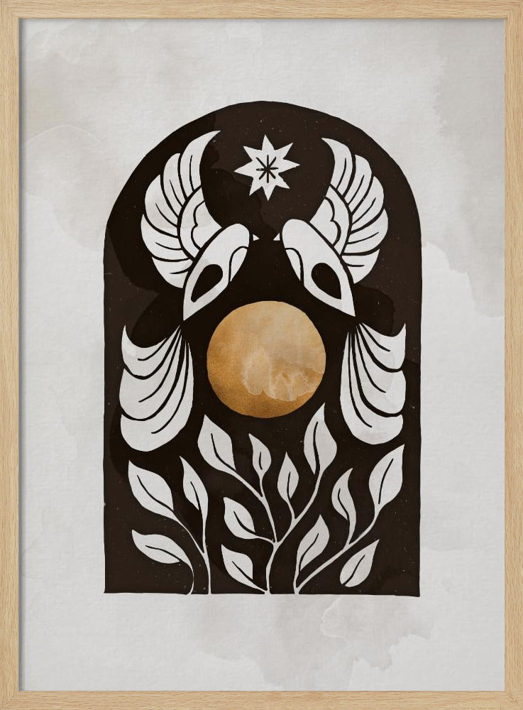 A modern illustration in a black frame featuring a symmetrical design within a black arch. Two stylized white birds face each other over a golden orb, with a white star above them and white foliage below, all on a light, textured background. Print