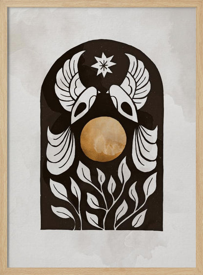 A modern illustration in a black frame featuring a symmetrical design within a black arch. Two stylized white birds face each other over a golden orb, with a white star above them and white foliage below, all on a light, textured background. Print