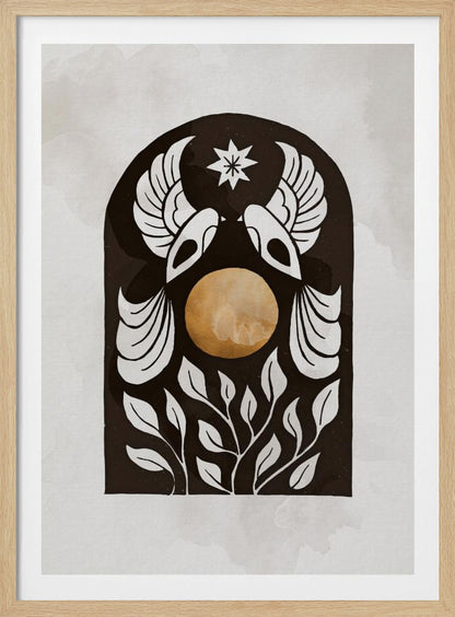 A modern illustration in a black frame featuring a symmetrical design within a black arch. Two stylized white birds face each other over a golden orb, with a white star above them and white foliage below, all on a light, textured background. Print