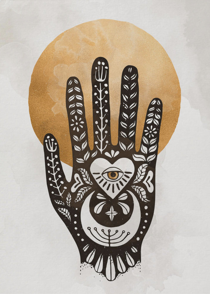 A black-and-white illustration of a hand decorated with intricate folk art symbols, including an eye within a heart on the palm, a crescent moon, and floral motifs on the fingers. A large, textured golden circle, like a sun or moon, serves as the background, set against a light gray, watercolor-style canvas. Decor