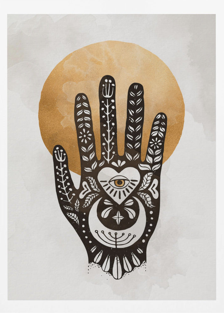 A black-and-white illustration of a hand decorated with intricate folk art symbols, including an eye within a heart on the palm, a crescent moon, and floral motifs on the fingers. A large, textured golden circle, like a sun or moon, serves as the background, set against a light gray, watercolor-style canvas. Decor