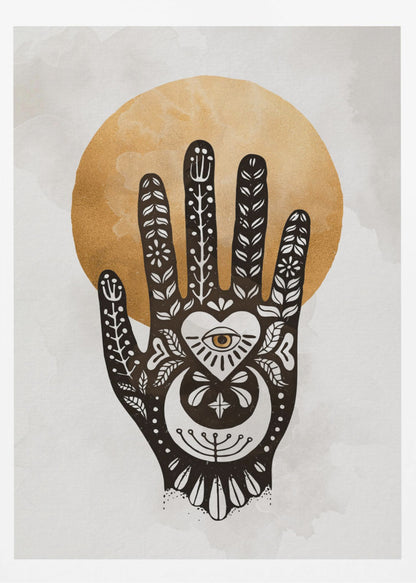 A black-and-white illustration of a hand decorated with intricate folk art symbols, including an eye within a heart on the palm, a crescent moon, and floral motifs on the fingers. A large, textured golden circle, like a sun or moon, serves as the background, set against a light gray, watercolor-style canvas. Decor