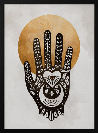 A black-and-white illustration of a hand decorated with intricate folk art symbols, including an eye within a heart on the palm, a crescent moon, and floral motifs on the fingers. A large, textured golden circle, like a sun or moon, serves as the background, set against a light gray, watercolor-style canvas. Decor