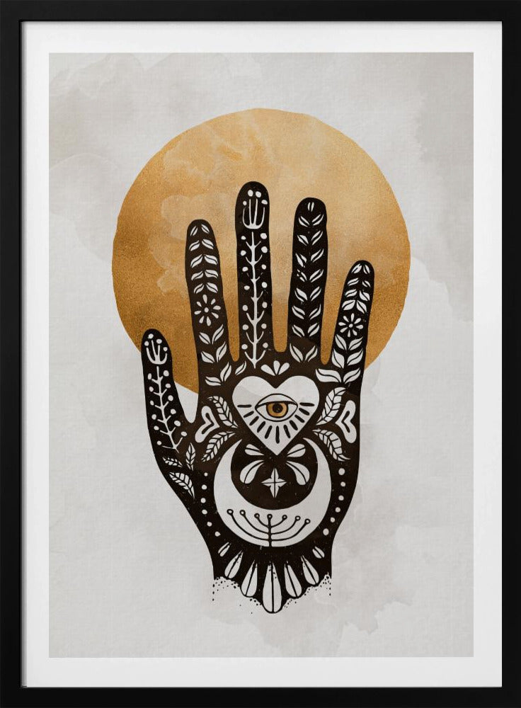 A black-and-white illustration of a hand decorated with intricate folk art symbols, including an eye within a heart on the palm, a crescent moon, and floral motifs on the fingers. A large, textured golden circle, like a sun or moon, serves as the background, set against a light gray, watercolor-style canvas. Decor