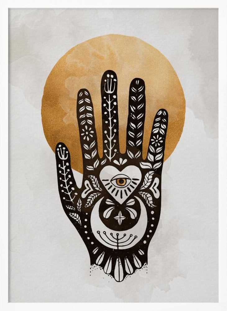 A black-and-white illustration of a hand decorated with intricate folk art symbols, including an eye within a heart on the palm, a crescent moon, and floral motifs on the fingers. A large, textured golden circle, like a sun or moon, serves as the background, set against a light gray, watercolor-style canvas. Decor