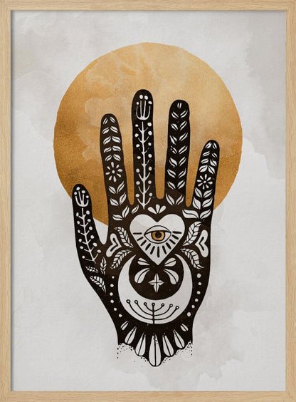 A black-and-white illustration of a hand decorated with intricate folk art symbols, including an eye within a heart on the palm, a crescent moon, and floral motifs on the fingers. A large, textured golden circle, like a sun or moon, serves as the background, set against a light gray, watercolor-style canvas. Decor