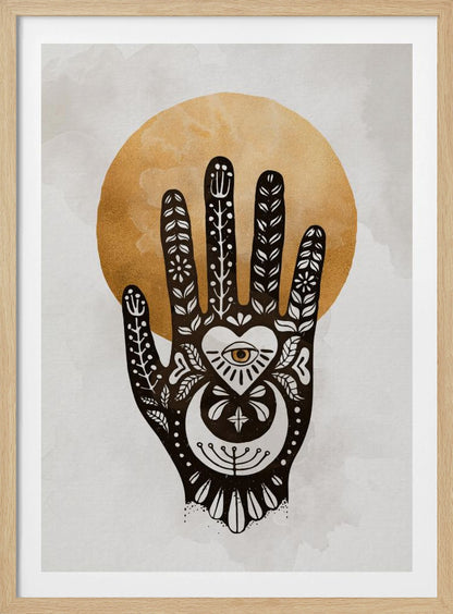 A black-and-white illustration of a hand decorated with intricate folk art symbols, including an eye within a heart on the palm, a crescent moon, and floral motifs on the fingers. A large, textured golden circle, like a sun or moon, serves as the background, set against a light gray, watercolor-style canvas. Decor