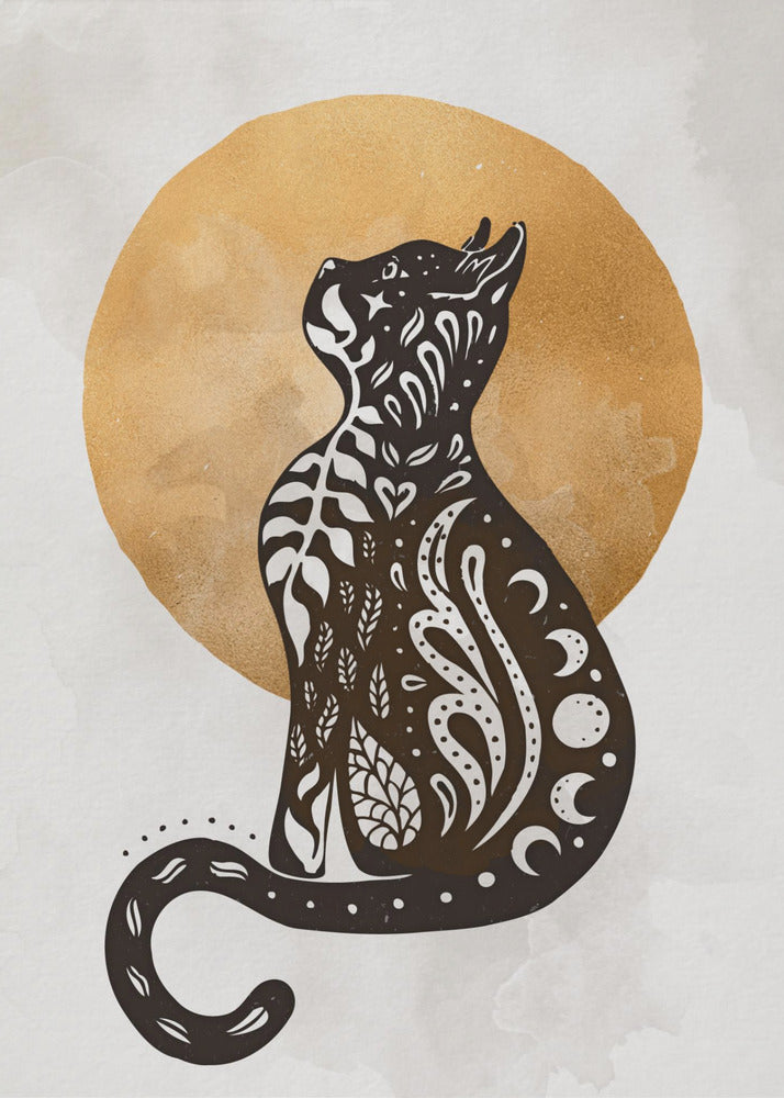 A stylized black cat silhouette sits in profile, looking upwards. Its body is filled with intricate white folk-art patterns of leaves, swirls, hearts, and crescent moons. Behind the cat is a large, textured golden circle against a light grey, watercolor-style background. Artwork