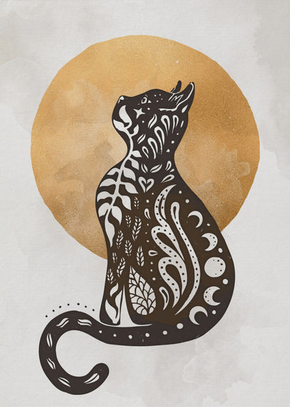 A stylized black cat silhouette sits in profile, looking upwards. Its body is filled with intricate white folk-art patterns of leaves, swirls, hearts, and crescent moons. Behind the cat is a large, textured golden circle against a light grey, watercolor-style background. Artwork