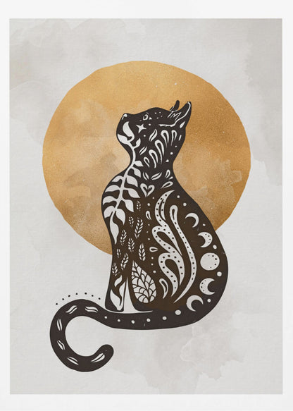 A stylized black cat silhouette sits in profile, looking upwards. Its body is filled with intricate white folk-art patterns of leaves, swirls, hearts, and crescent moons. Behind the cat is a large, textured golden circle against a light grey, watercolor-style background. Artwork