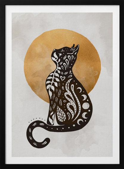 A stylized black cat silhouette sits in profile, looking upwards. Its body is filled with intricate white folk-art patterns of leaves, swirls, hearts, and crescent moons. Behind the cat is a large, textured golden circle against a light grey, watercolor-style background. Artwork