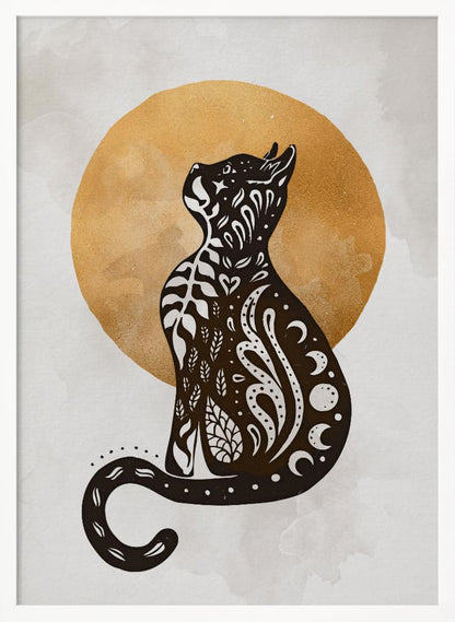 A stylized black cat silhouette sits in profile, looking upwards. Its body is filled with intricate white folk-art patterns of leaves, swirls, hearts, and crescent moons. Behind the cat is a large, textured golden circle against a light grey, watercolor-style background. Artwork