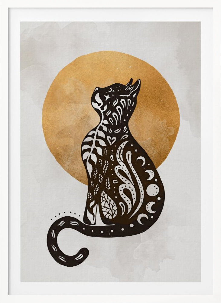 A stylized black cat silhouette sits in profile, looking upwards. Its body is filled with intricate white folk-art patterns of leaves, swirls, hearts, and crescent moons. Behind the cat is a large, textured golden circle against a light grey, watercolor-style background. Artwork