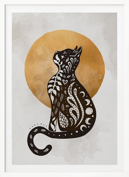 A stylized black cat silhouette sits in profile, looking upwards. Its body is filled with intricate white folk-art patterns of leaves, swirls, hearts, and crescent moons. Behind the cat is a large, textured golden circle against a light grey, watercolor-style background. Artwork
