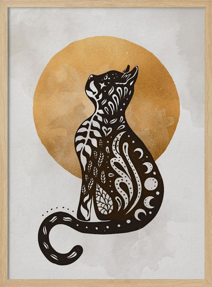 A stylized black cat silhouette sits in profile, looking upwards. Its body is filled with intricate white folk-art patterns of leaves, swirls, hearts, and crescent moons. Behind the cat is a large, textured golden circle against a light grey, watercolor-style background. Artwork