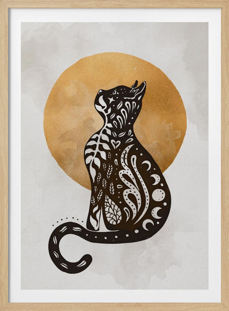 A stylized black cat silhouette sits in profile, looking upwards. Its body is filled with intricate white folk-art patterns of leaves, swirls, hearts, and crescent moons. Behind the cat is a large, textured golden circle against a light grey, watercolor-style background. Artwork