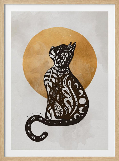 A stylized black cat silhouette sits in profile, looking upwards. Its body is filled with intricate white folk-art patterns of leaves, swirls, hearts, and crescent moons. Behind the cat is a large, textured golden circle against a light grey, watercolor-style background. Artwork